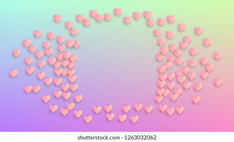 Wedding Background. Heart Confetti Pattern. Many Random Falling Purple Hearts on Hologram Backdrop. Invitation Template. Vector Wedding Background.
