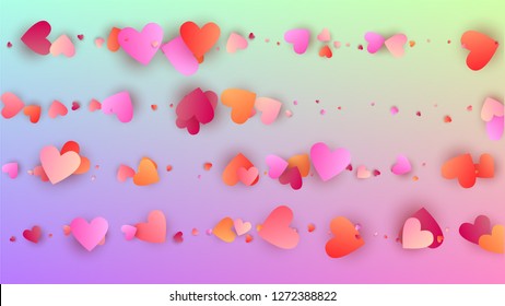 Wedding Background. Heart Confetti Pattern. Poster Template. Many Random Falling Red Hearts on Hologram Backdrop. Vector Wedding Background.