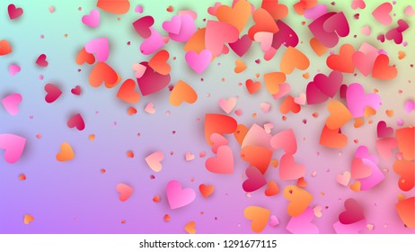 Wedding Background. Heart Confetti Pattern. Poster Template. Many Random Falling Beautifull Hearts on Hologram Backdrop. Vector Wedding Background.