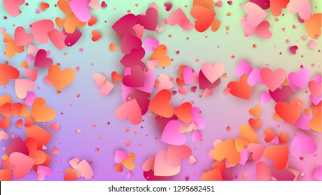 Wedding Background. Heart Confetti Pattern. Flyer Template. Many Random Falling Beautifull Hearts on Hologram Backdrop. Vector Wedding Background.