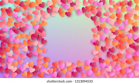 Wedding Background. Heart Confetti Pattern. Many Random Falling Pink Hearts on Hologram Backdrop. Card Template. Vector Wedding Background.