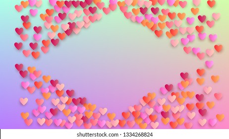 Wedding Background. Heart Confetti Pattern. Many Random Falling Pink Hearts on Hologram Backdrop. Poster Template. Vector Wedding Background.