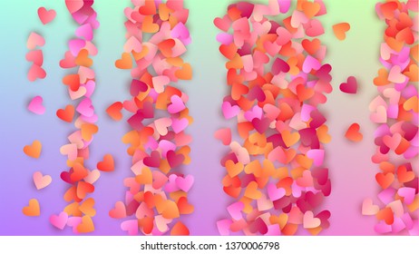 Wedding Background. Heart Confetti Pattern. Many Random Falling Red Hearts on Hologram Backdrop. Banner Template. Vector Wedding Background.