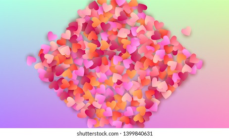 Wedding Background. Heart Confetti Pattern. Many Random Falling Purple Hearts on Hologram Backdrop. Poster Template. Vector Wedding Background.