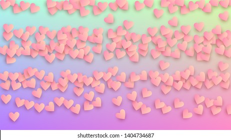 Wedding Background. Heart Confetti Pattern. Many Random Falling Pink Hearts on Hologram Backdrop. Card Template. Vector Wedding Background.