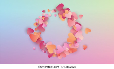 Wedding Background. Heart Confetti Pattern. Invitation Template. Many Random Falling Red Hearts on Hologram Backdrop. Vector Wedding Background.
