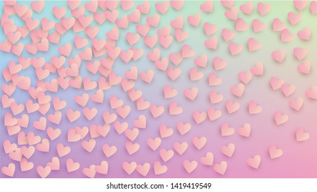 Wedding Background. Heart Confetti Pattern. Flyer Template. Many Random Falling Red Hearts on Hologram Backdrop. Vector Wedding Background.