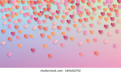 Wedding Background. Heart Confetti Pattern. Banner Template. Many Random Falling Pink Hearts on Hologram Backdrop. Vector Wedding Background.