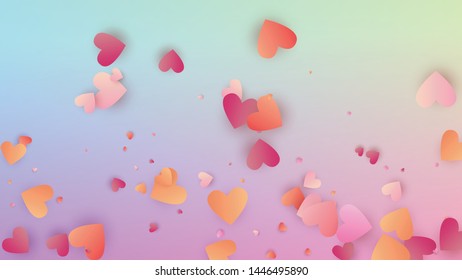 Wedding Background. Heart Confetti Pattern. Invitation Template. Many Random Falling Purple Hearts on Hologram Backdrop. Vector Wedding Background.