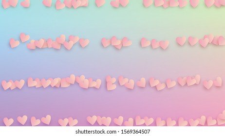 Wedding Background. Heart Confetti Pattern. Banner Template. Many Random Falling Beautifull Hearts on Hologram Backdrop. Vector Wedding Background.