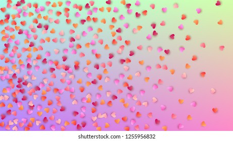 Wedding Background. Invitation Template. Heart Confetti Pattern. Many Random Falling Beautifull Hearts on Hologram Backdrop. Vector Wedding Background.