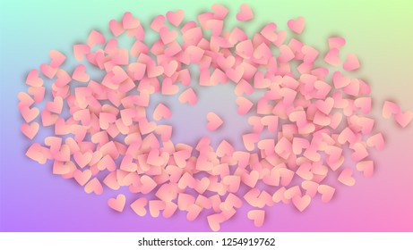 Wedding Background. Invitation Template. Many Random Falling Red Hearts on Hologram Backdrop. Heart Confetti Pattern. Vector Wedding Background.