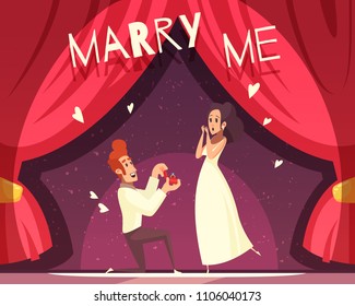 Wedding background with man proposing to young lady cartoon vector illustration