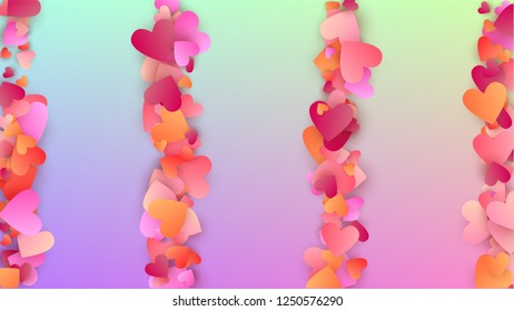 Wedding Background. Many Random Falling Purple Hearts on Hologram Backdrop. Heart Confetti Pattern. Flyer Template. Vector Wedding Background.