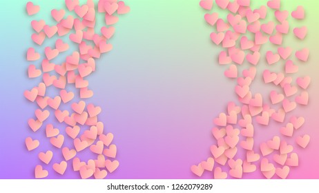 Wedding Background. Many Random Falling Beautifull Hearts on Hologram Backdrop. Heart Confetti Pattern. Flyer Template. Vector Wedding Background.