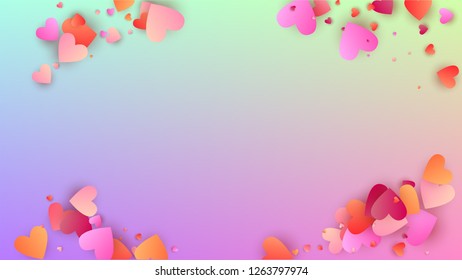 Wedding Background. Many Random Falling Pink Hearts on Hologram Backdrop. Heart Confetti Pattern. Invitation Template. Vector Wedding Background.