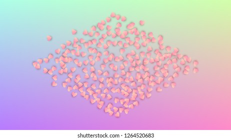 Wedding Background. Many Random Falling Red Hearts on Hologram Backdrop. Banner Template. Heart Confetti Pattern. Vector Wedding Background.