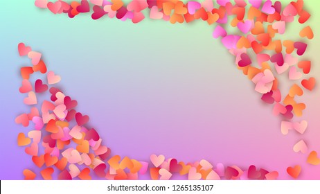 Wedding Background. Many Random Falling Red Hearts on Hologram Backdrop. Heart Confetti Pattern. Card Template. Vector Wedding Background.