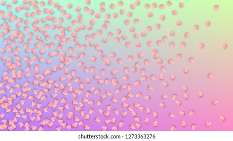 Wedding Background. Many Random Falling Pink Hearts on Hologram Backdrop. Card Template. Heart Confetti Pattern. Vector Wedding Background.
