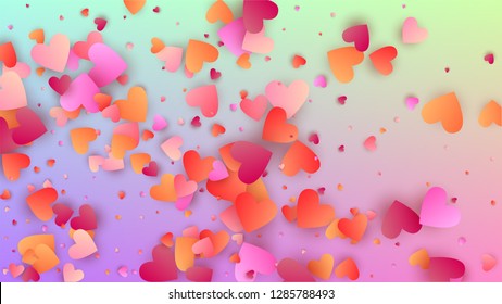 Wedding Background. Many Random Falling Red Hearts on Hologram Backdrop. Heart Confetti Pattern. Poster Template. Vector Wedding Background.