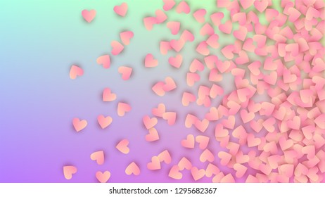 Wedding Background. Many Random Falling Purple Hearts on Hologram Backdrop. Heart Confetti Pattern. Poster Template. Vector Wedding Background.
