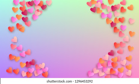 Wedding Background. Many Random Falling Red Hearts on Hologram Backdrop. Card Template. Heart Confetti Pattern. Vector Wedding Background.