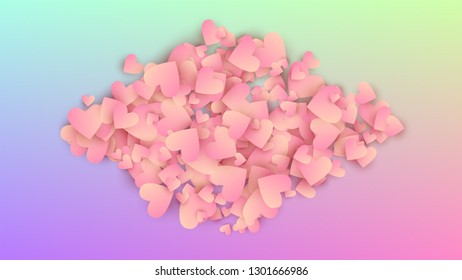 Wedding Background. Many Random Falling Beautifull Hearts on Hologram Backdrop. Invitation Template. Heart Confetti Pattern. Vector Wedding Background.