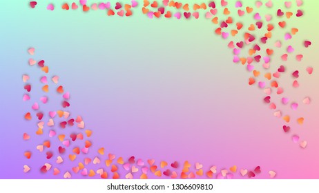 Wedding Background. Many Random Falling Pink Hearts on Hologram Backdrop. Heart Confetti Pattern. Banner Template. Vector Wedding Background.