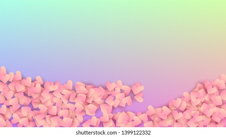 Wedding Background. Many Random Falling Beautifull Hearts on Hologram Backdrop. Poster Template. Heart Confetti Pattern. Vector Wedding Background.