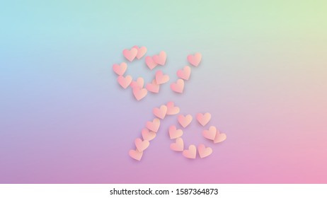 Wedding Background. Many Random Falling Pink Hearts on Hologram Backdrop. Heart Confetti Pattern. Banner Template. Vector Wedding Background.