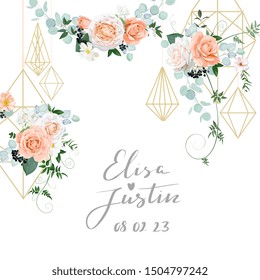 Wedding background with modern geometrical decor and pink peach roses