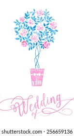 Wedding Background of pink blooming rose bush. Vector illustration.