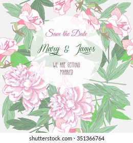 Wedding background  with pink peonies and flowers. Vector Illustration
