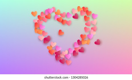 Wedding Background. Poster Template. Heart Confetti Pattern. Many Random Falling Purple Hearts on Hologram Backdrop. Vector Wedding Background.