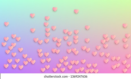 Wedding Background. Poster Template. Heart Confetti Pattern. Many Random Falling Red Hearts on Hologram Backdrop. Vector Wedding Background.