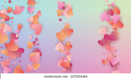 Wedding Background. Poster Template. Heart Confetti Pattern. Many Random Falling Pink Hearts on Hologram Backdrop. Vector Wedding Background.