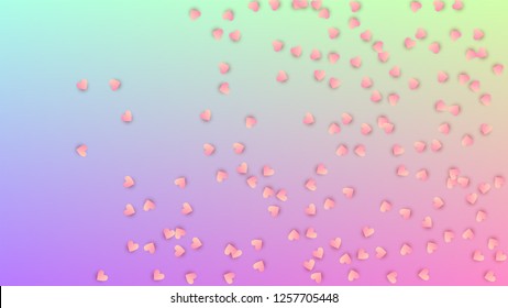Wedding Background. Poster Template. Many Random Falling Purple Hearts on Hologram Backdrop. Heart Confetti Pattern. Vector Wedding Background.