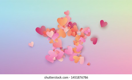 Wedding Background. Poster Template. Many Random Falling Red Hearts on Hologram Backdrop. Heart Confetti Pattern. Vector Wedding Background.