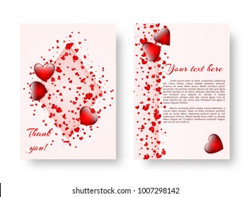 Wedding background with red confetti in the shape of hearts for decoration of romantic congratulations. Vector illustration