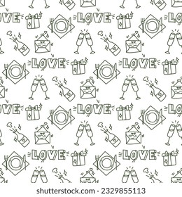 Wedding background. Seamless pattern with wedding elements to determine the arrival time of guests. Wedding symbols. Cartoon contour handmade wedding symbols on a white background. Contour icons