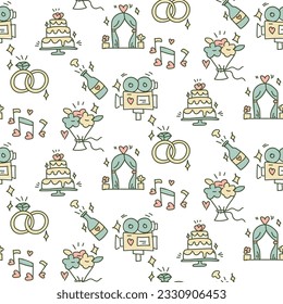 Wedding background. Seamless pattern with wedding elements to determine the arrival time of guests. Wedding symbols. Handmade cartoon wedding symbols on a white. Contour icons with fill. Packaging