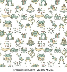 Wedding background. Seamless pattern with wedding items for timing guests. Wedding symbols. Cartoon hand-made wedding symbols on a white background. Contour icons with a delicate color. Packaging