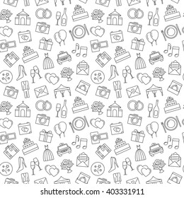 Wedding background. Seamless pattern of wedding object. Cartoon wedding symbols. Outline icons, black and white.