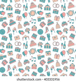Wedding background. Seamless pattern of wedding object. Cartoon wedding symbols.
