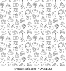 Wedding background. Seamless pattern of wedding object. Cartoon wedding symbols. Outline icons, black and white.