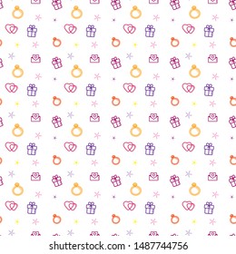 Wedding background seamless vector pattern. Love, romance flat line icons - hearts, engagement ring, gift, valentine card.