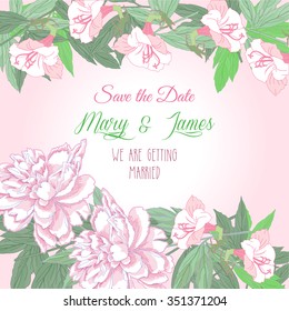 Wedding background with two pink  peonies and flowers