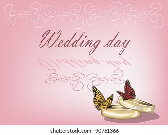 Wedding background with two rings and butterflies