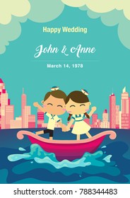 Wedding background vector. The couple on the boat with town background.