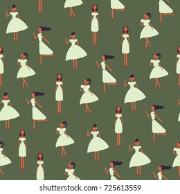 Wedding background. Vector illustration of young beautiful women in white dresses. Vintage seamless pattern.
